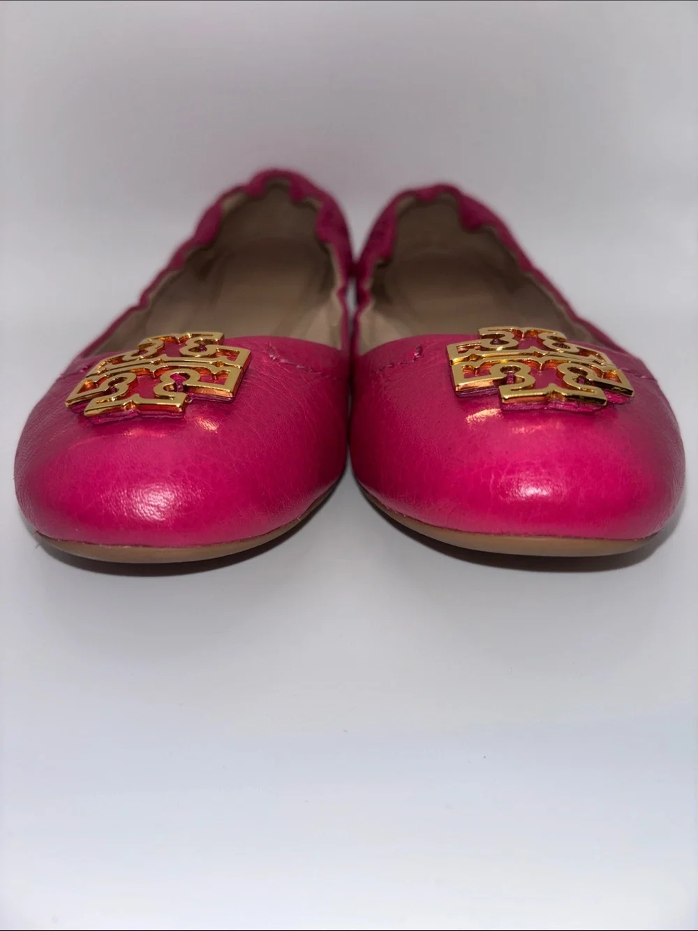 Tory Burch Hot Pink Leather Logo Ballet Flats with Gold Emblem